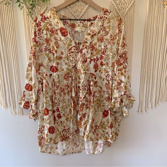 CYNTHIA ROWLEY Women’s Boho Floral Peasant Cottagecore Top Brown Gold Red 2X - Picture 1 of 10